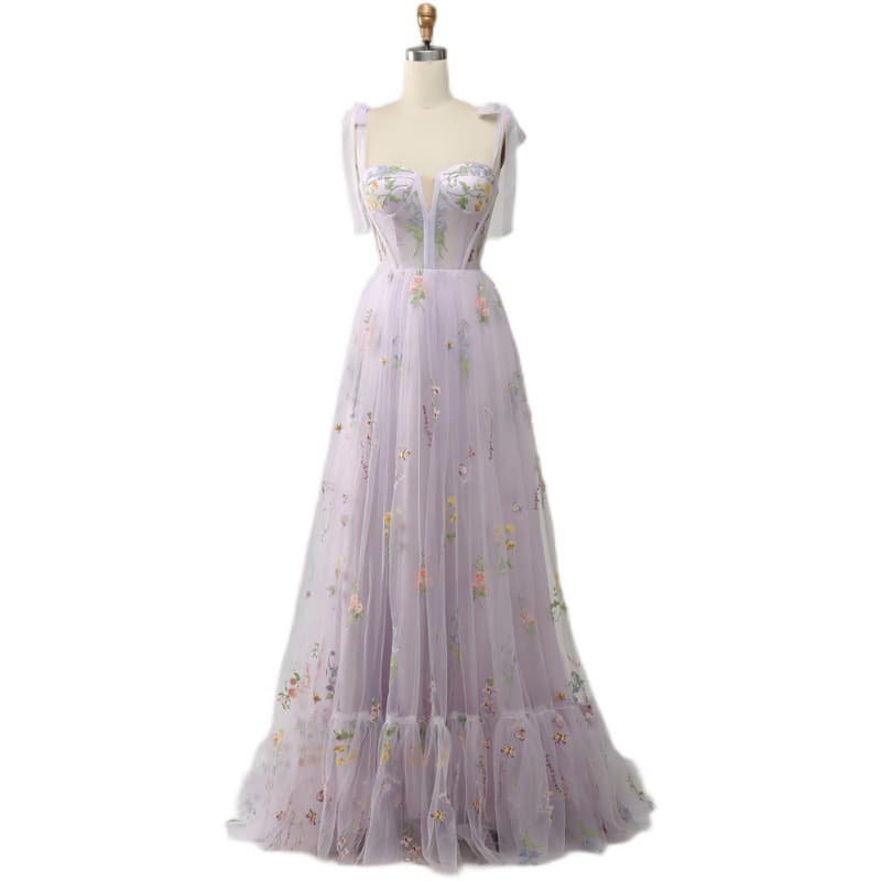 カラードレス 妖精のような花刺繍チュールドレス