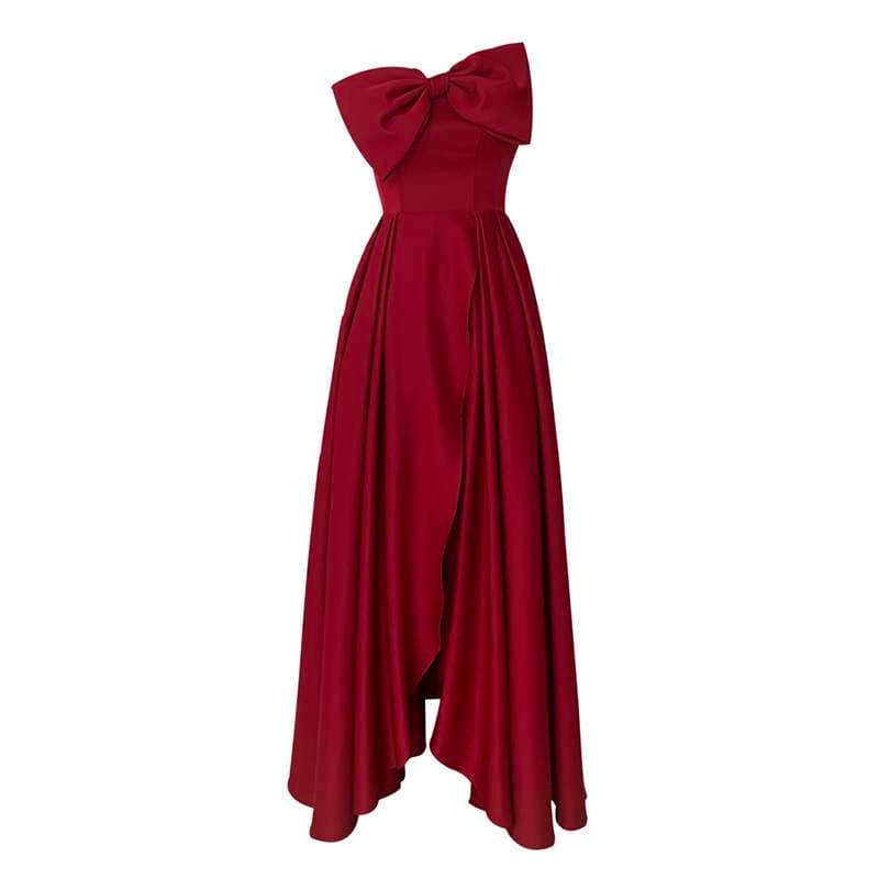カラードレス アシンメトリーリボン シャーリング ロングドレス