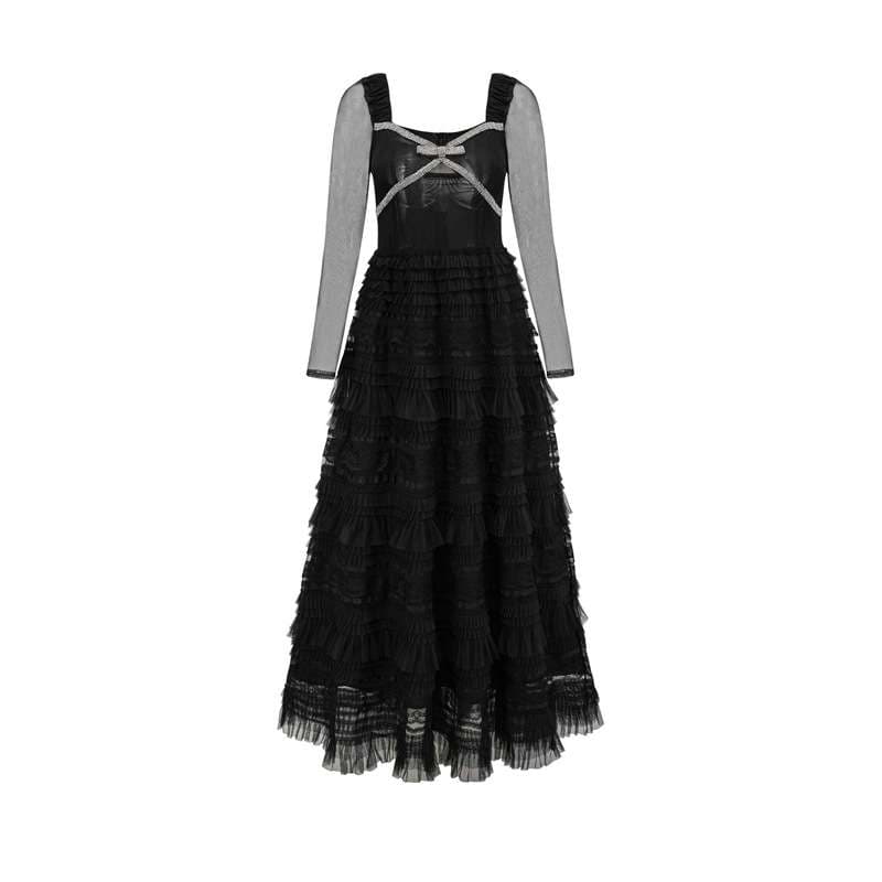 カラードレス シアースリーブ ティアードフリルロングドレス