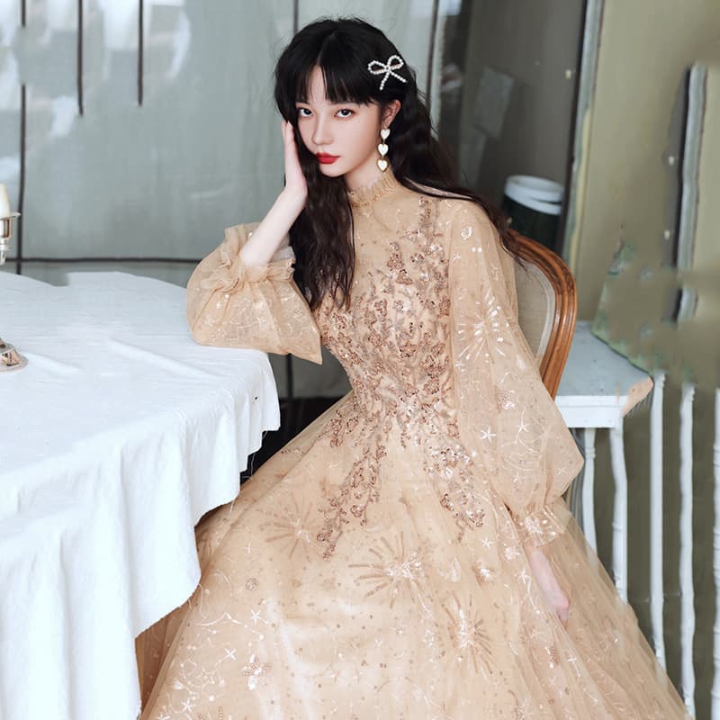 カラードレス 星空刺繍チュールロングドレス