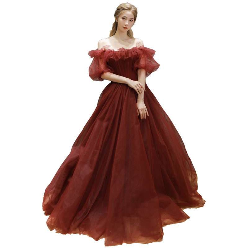 カラードレス 優美なチュールのオフショルダープリンセスドレス