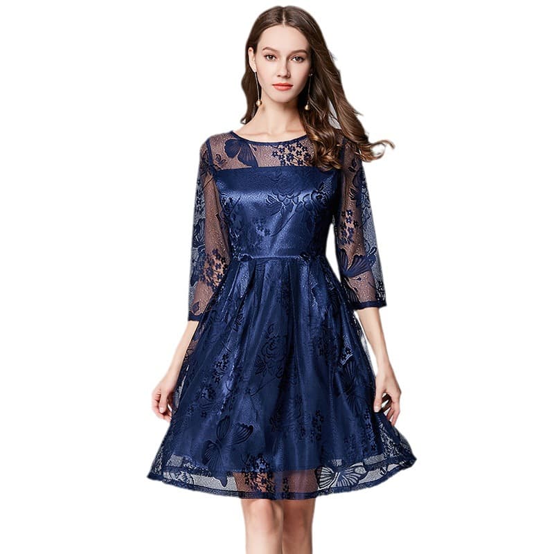 カラードレス 花柄レース切替 七分袖ドレス