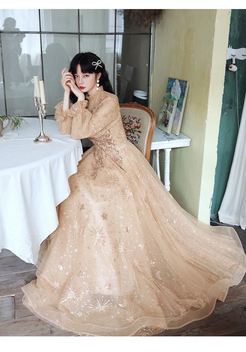 カラードレス 星空刺繍チュールロングドレス