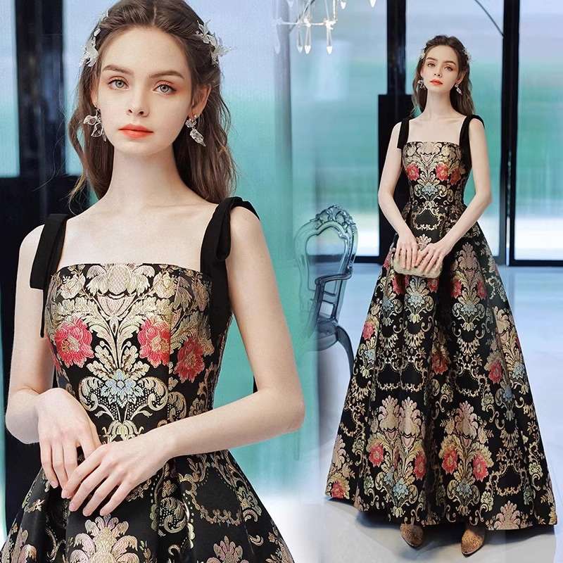 カラードレス 花柄ジャガード織り クラシカルロングドレス