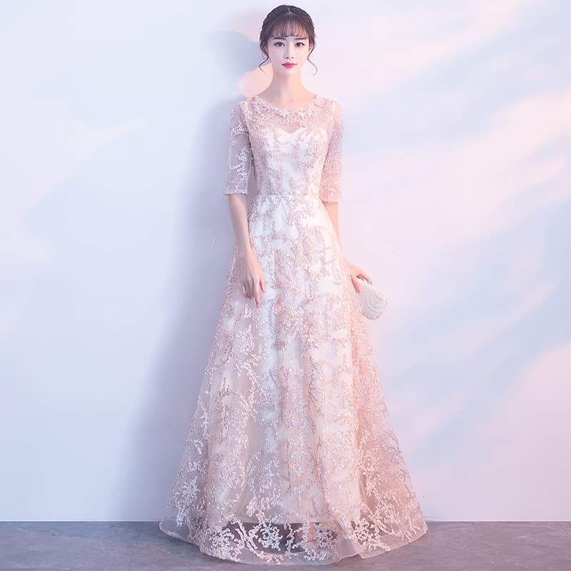 カラードレス 上品な総レース 七分袖 ロングドレス