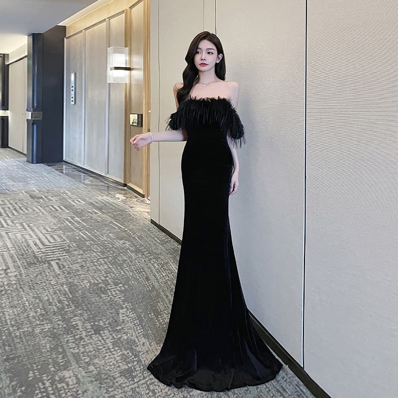 カラードレス オフショルダー フェザー マーメイドドレス