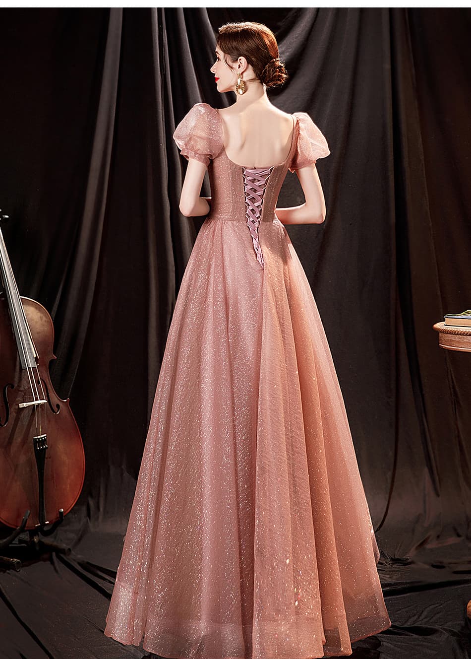 カラードレス 優美な貴婦人のようなパフスリーブロングドレス