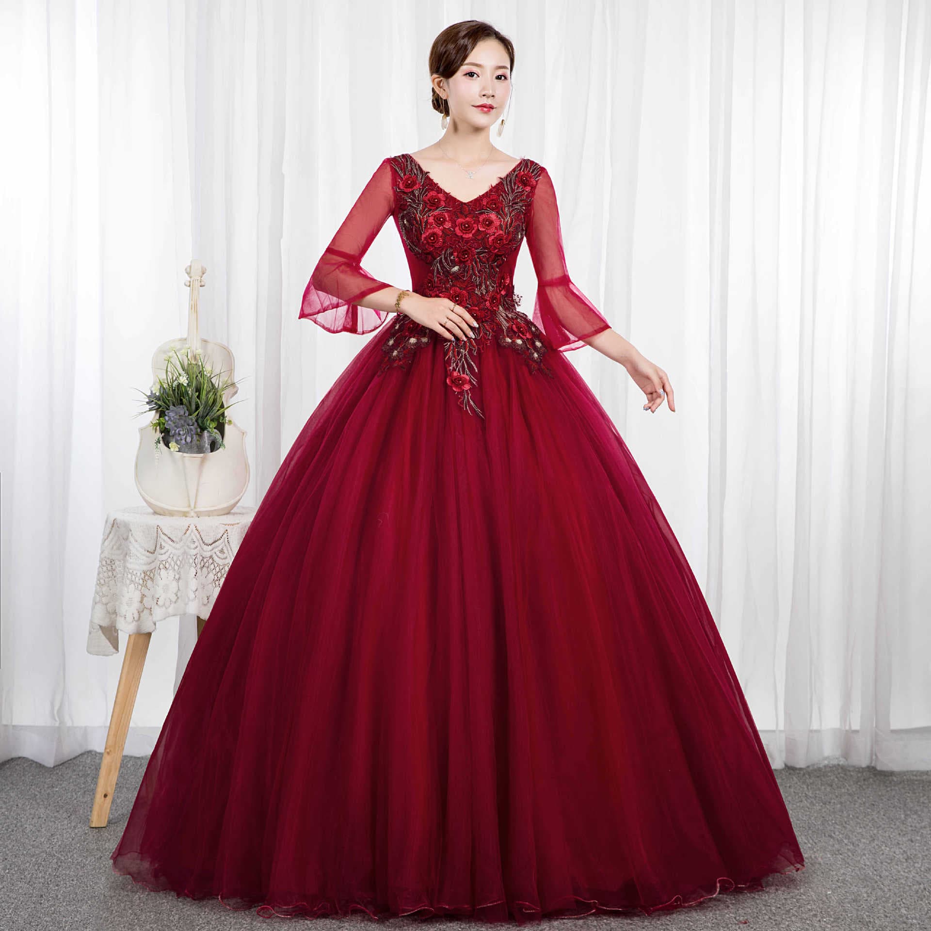 カラードレス 華やかレース刺繍 チュールボリュームドレス