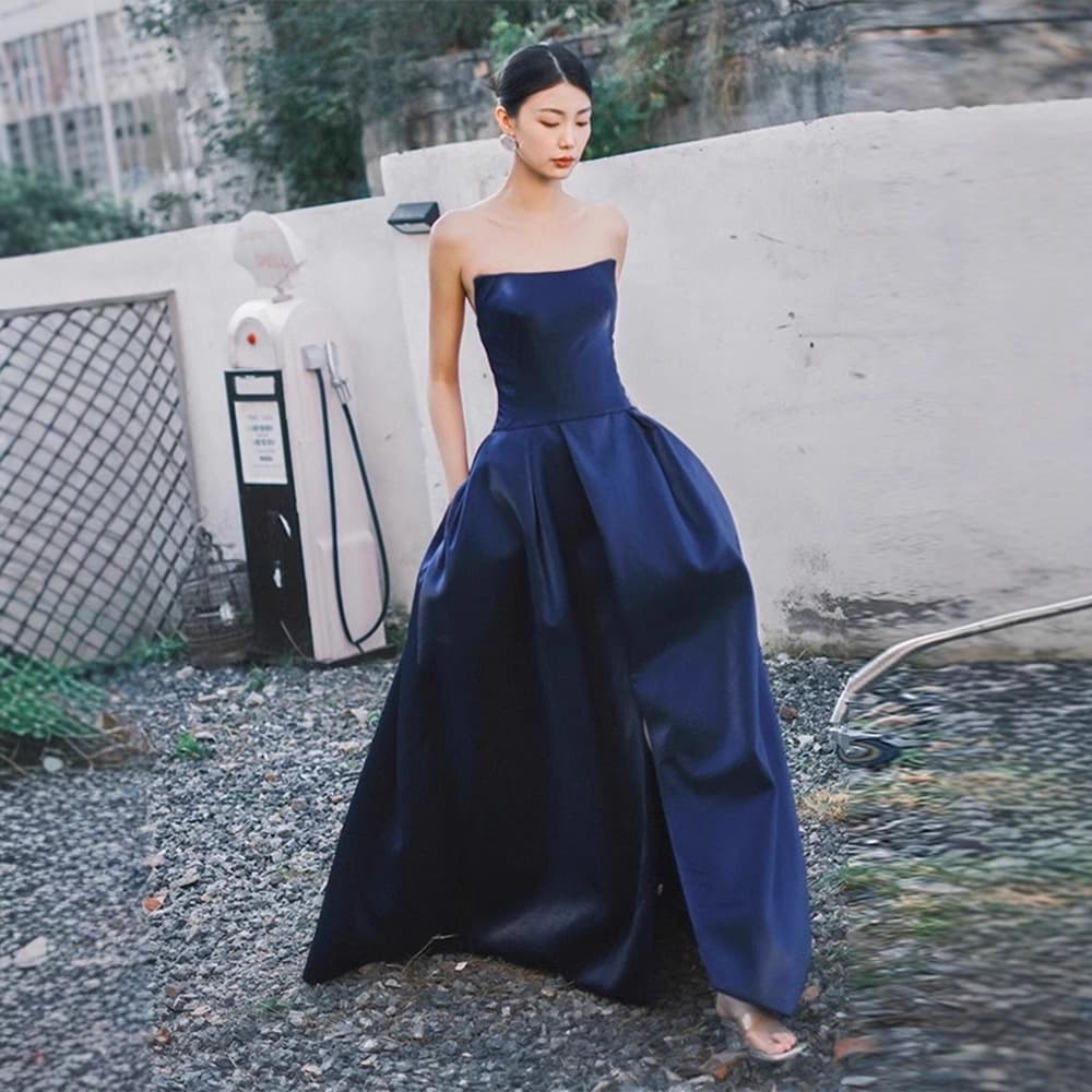 カラードレス カラードレス 上品シルエット ベアトップロングドレス