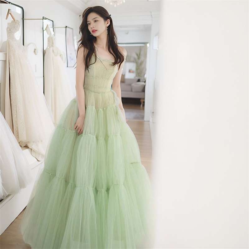 カラードレス ふんわりティアードチュールロングドレス