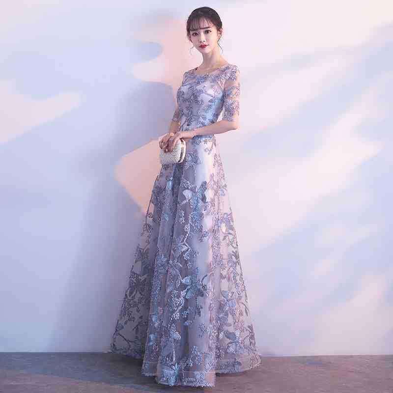 カラードレス 上品な花柄レース ロングドレス