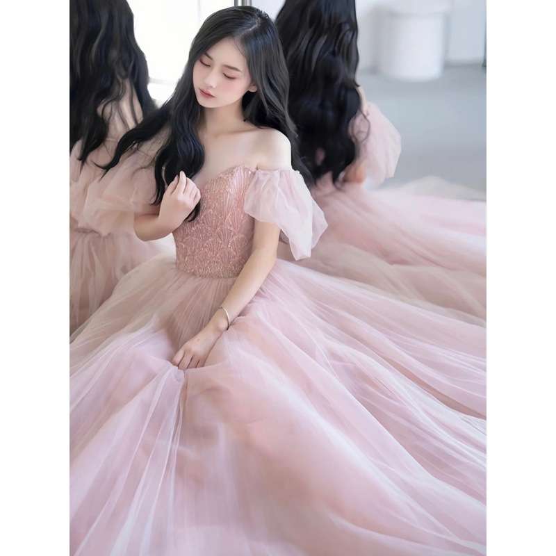 カラードレス 優美なチュールレース オフショルダードレス