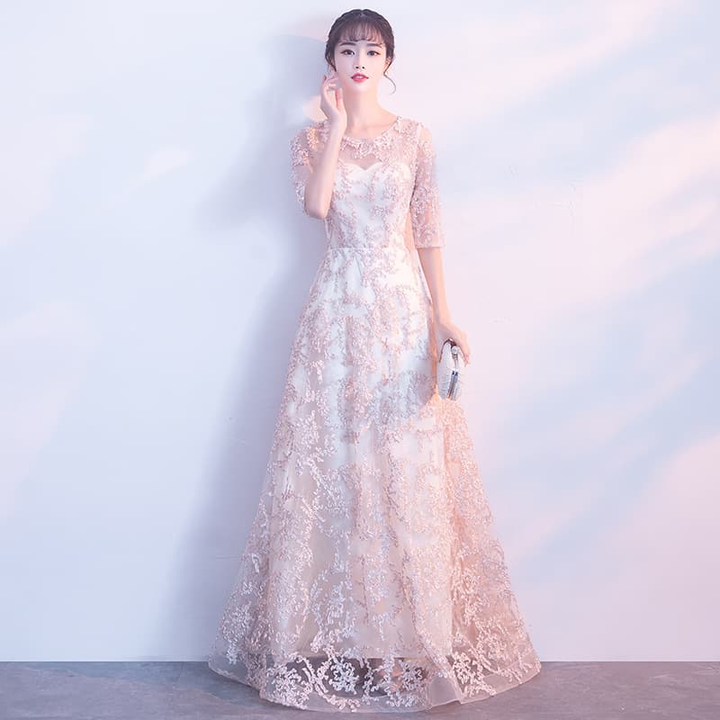 カラードレス 上品な総レース 七分袖 ロングドレス