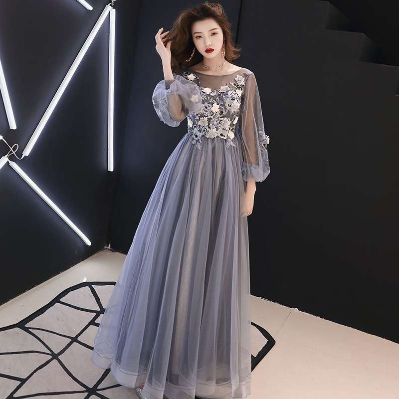 カラードレス 花模様チュール袖付きロングドレス