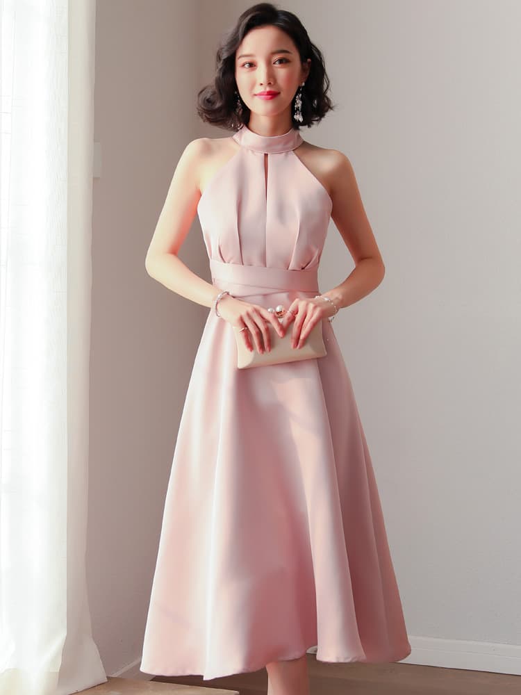 カラードレス 上品なホルターネック シンプル ミディ丈ドレス