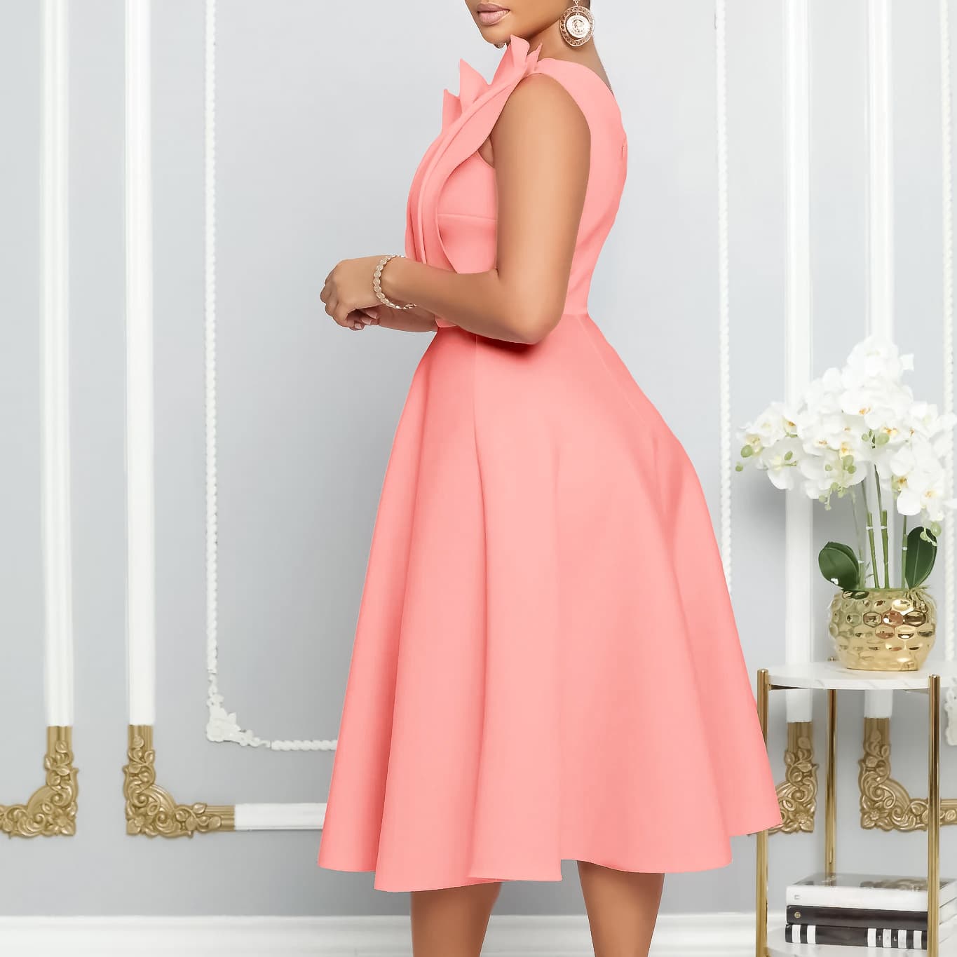 カラードレス カラードレス アシンメトリー襟立体デザインフレアワンピース