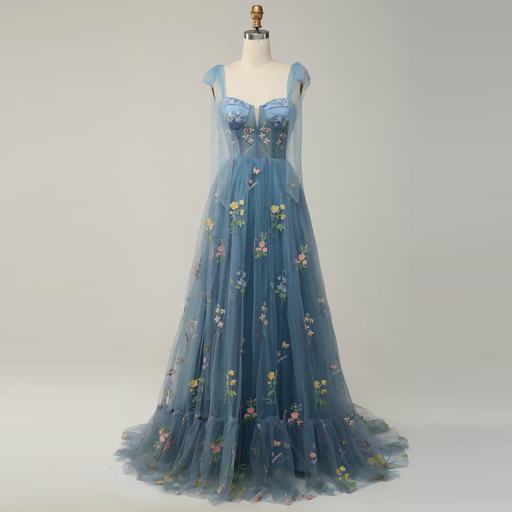 カラードレス 妖精のような花刺繍チュールドレス