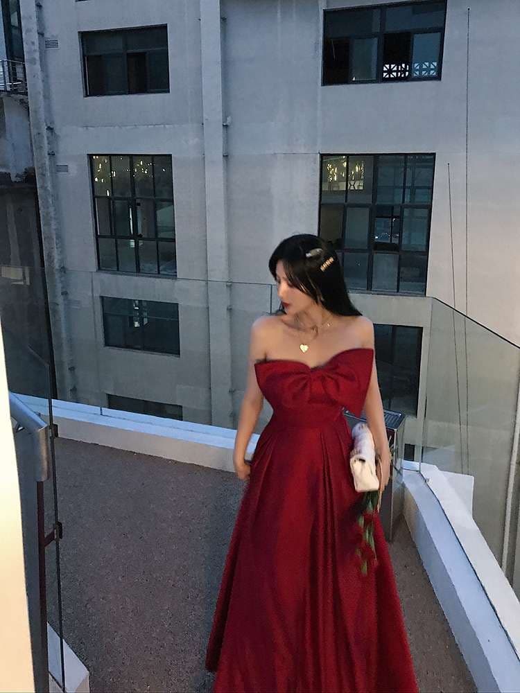 カラードレス アシンメトリーリボン シャーリング ロングドレス