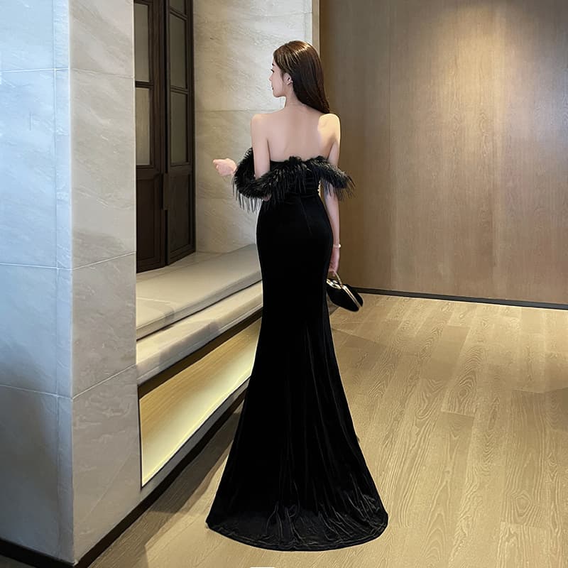 カラードレス オフショルダー フェザー マーメイドドレス