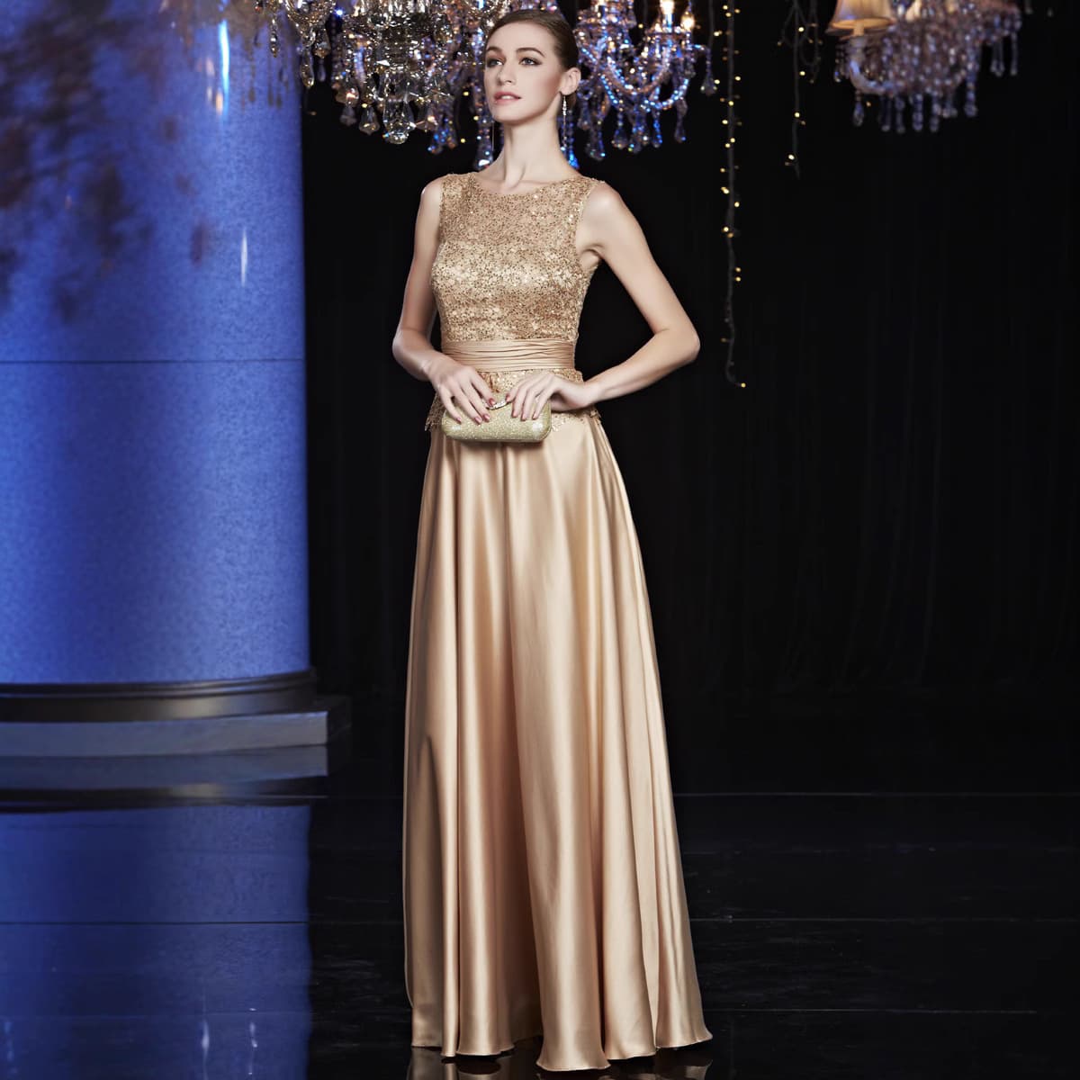 カラードレス 煌めきスパンコール サテンロングドレス