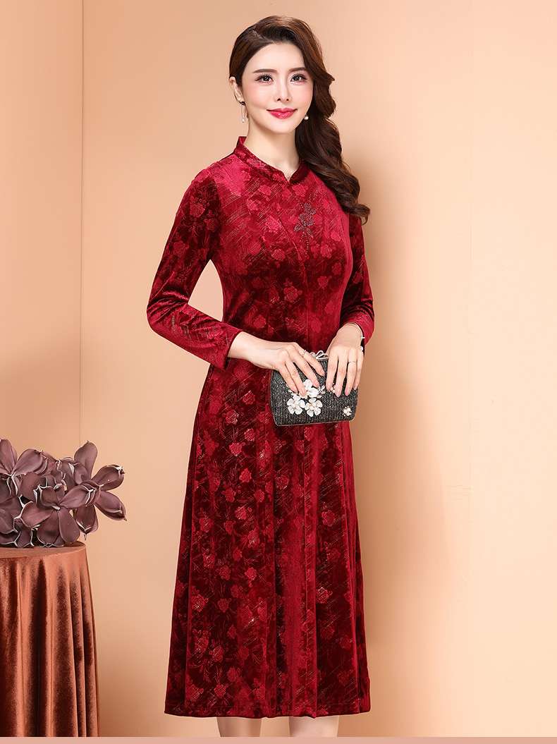 カラードレス 優雅な花柄ベロア チャイナドレス