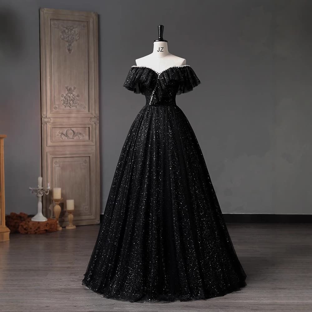 カラードレス 夜空の煌めき オフショルダー チュール ドレス