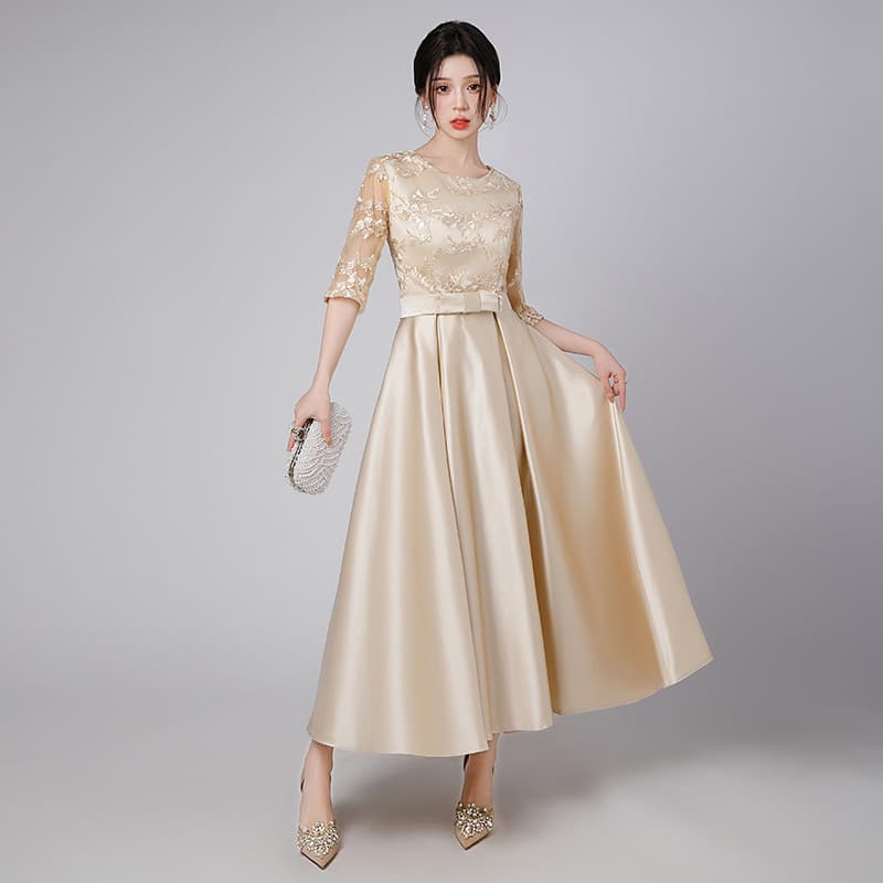 カラードレス シアーレース ミモレ丈ドレス