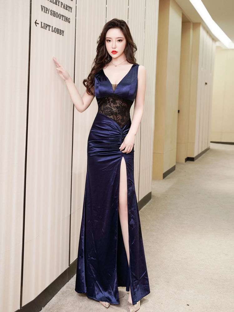 カラードレス 優美なマーメイドライン レース切替ロングドレス