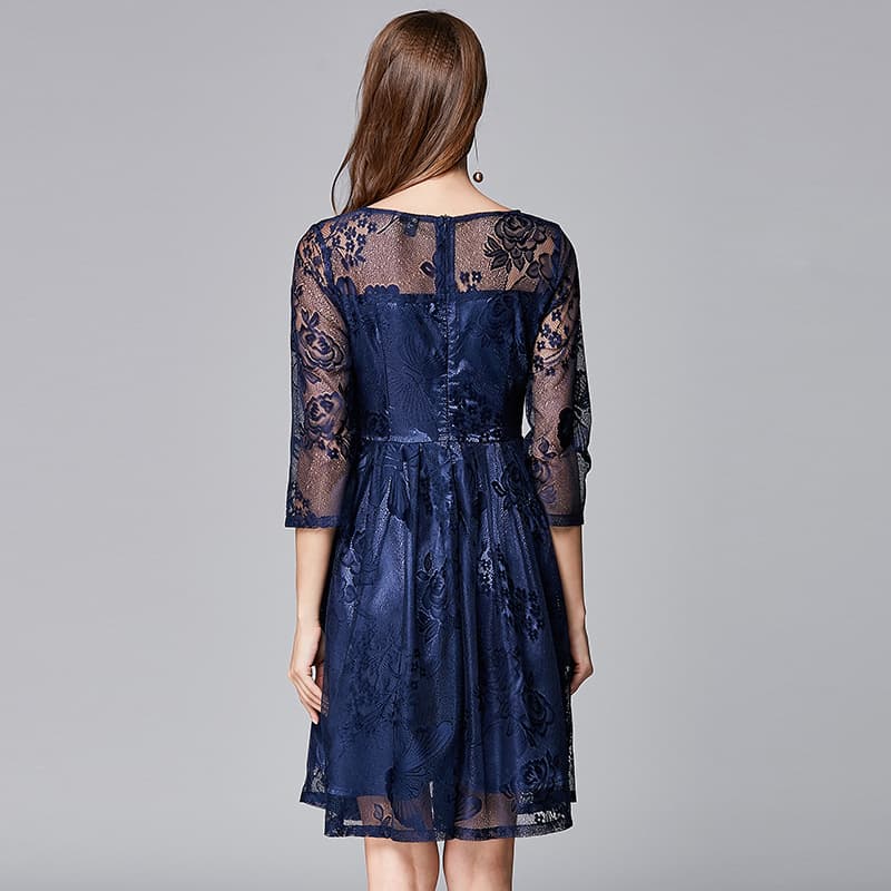 カラードレス 花柄レース切替 七分袖ドレス