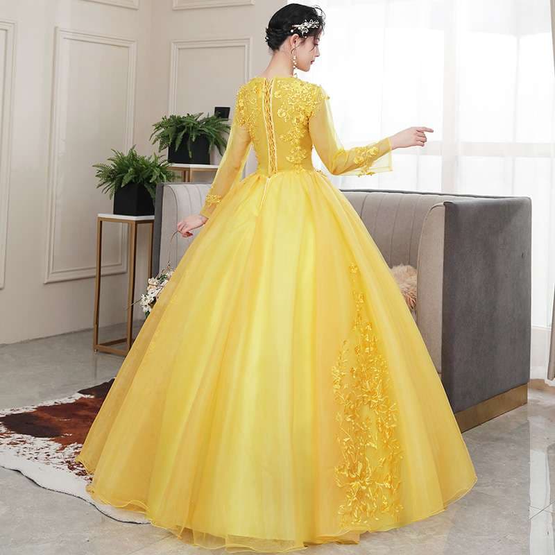 カラードレス 優美なレース刺繍チュールプリンセスドレス