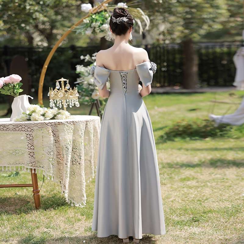 カラードレス 優美なオフショルダーフリルロングドレス