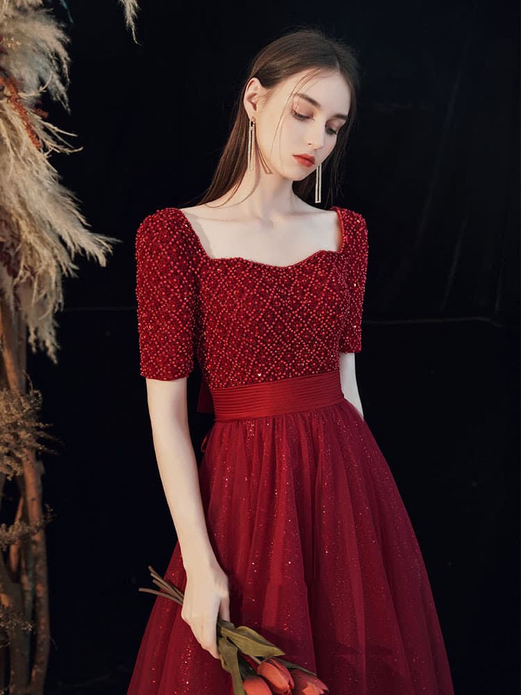 カラードレス カラードレス 煌めきスクエアネック チュールドレス