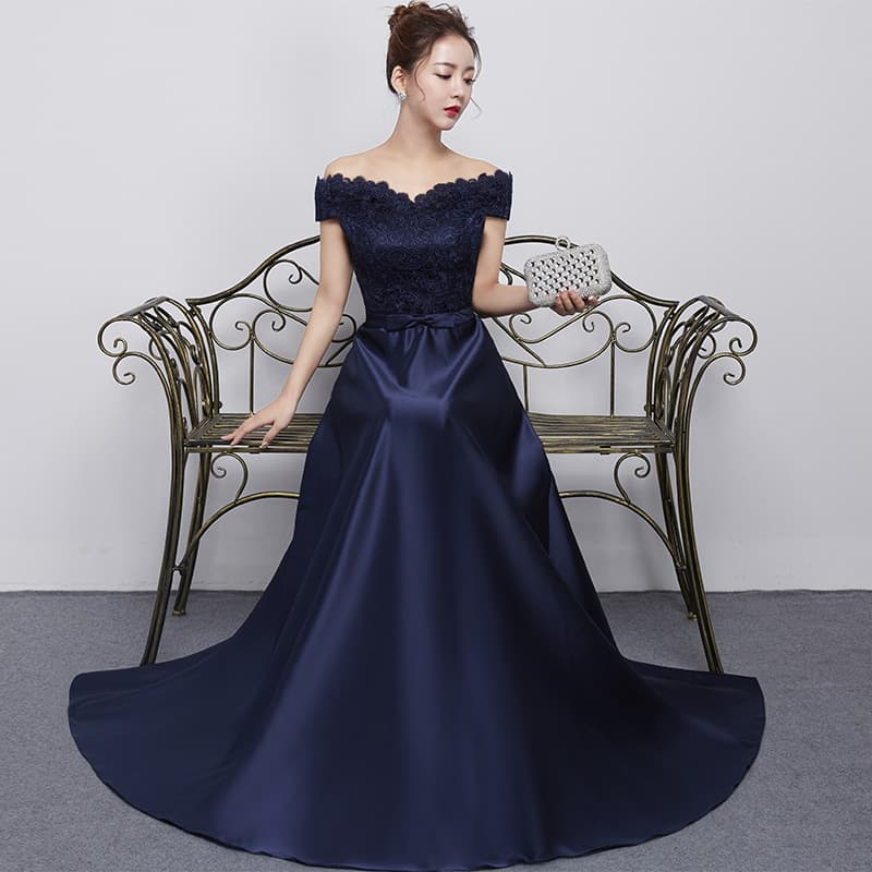 カラードレス オフショルダー レース サテン ドレス