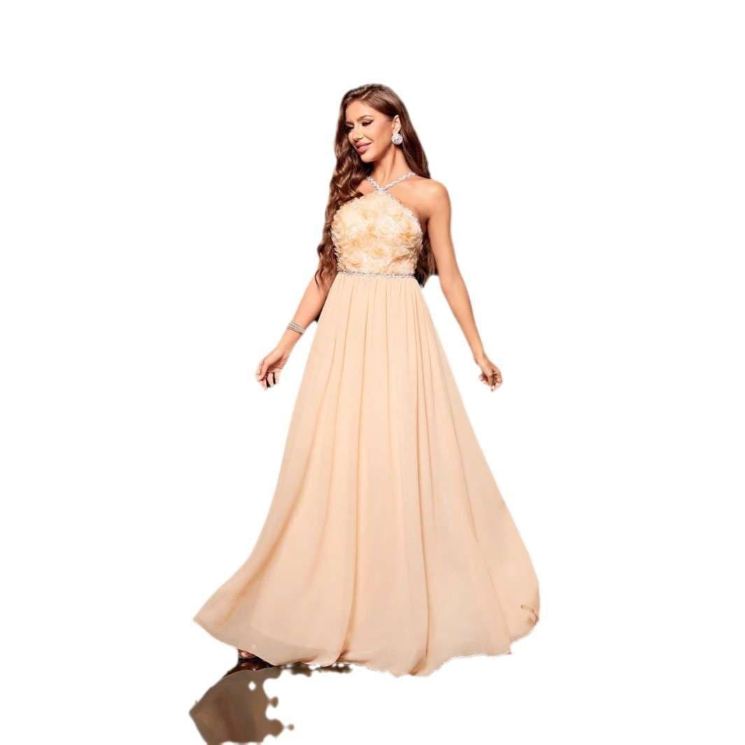 カラードレス 清楚華やかホルターネックロングドレス