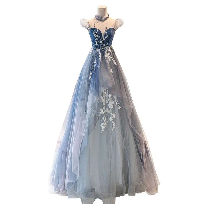 カラードレス 繊細な花刺繍とチュールのレイヤードドレス