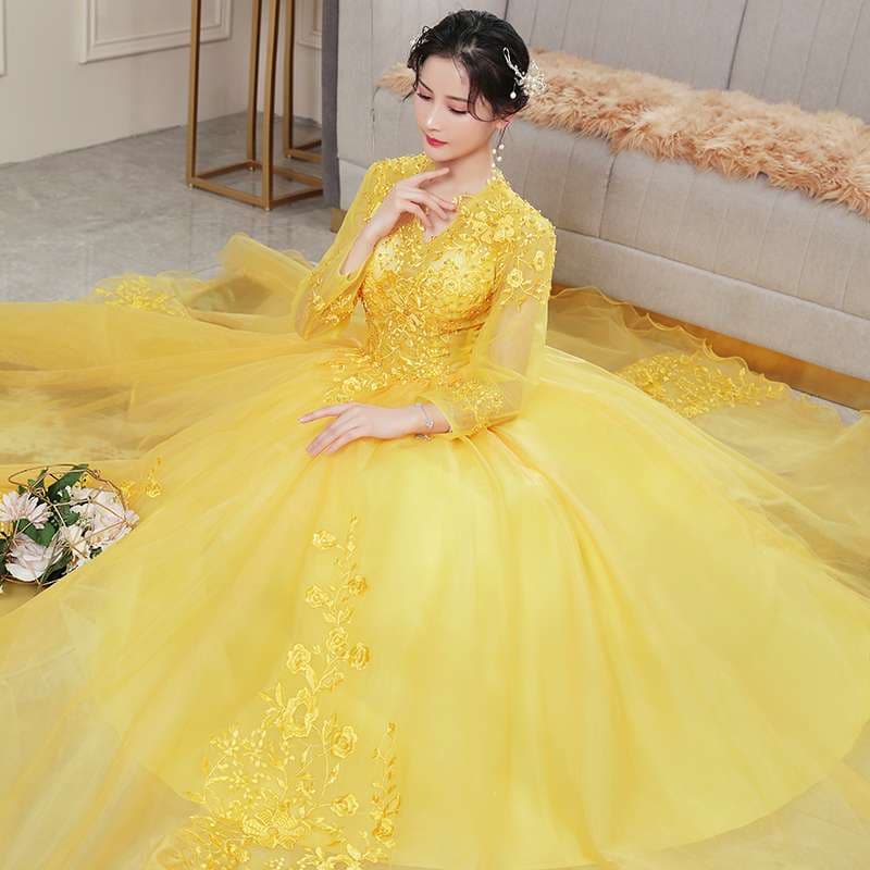 カラードレス 優美なレース刺繍チュールプリンセスドレス