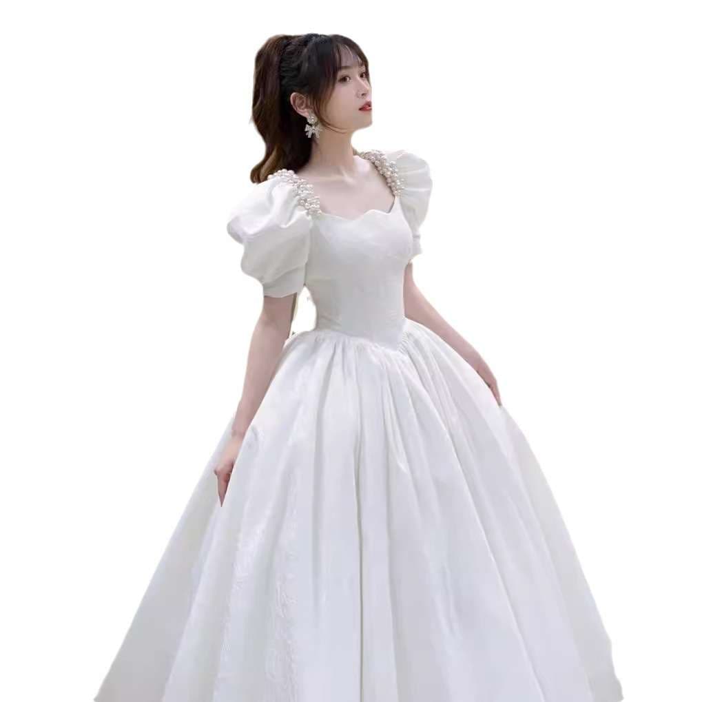 カラードレス パフスリーブ パール付き プリンセスライン ドレス