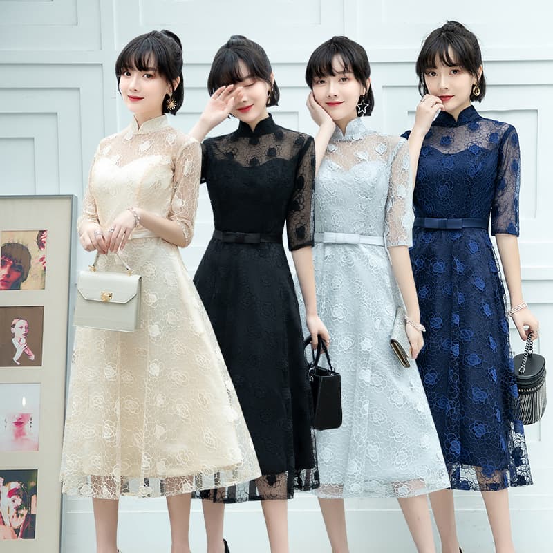 カラードレス 透かし花柄レース ミディ丈ワンピース