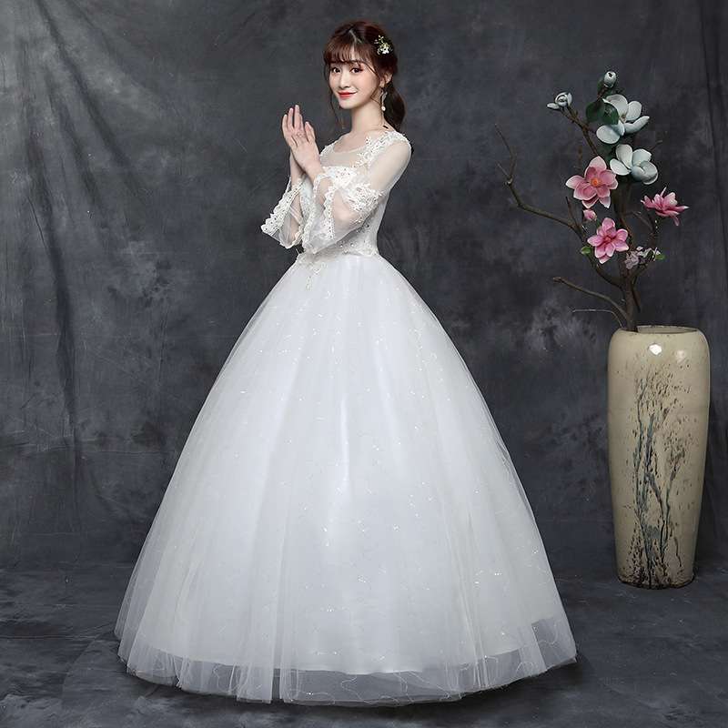 カラードレス 優美な花レース袖付きチュールドレス