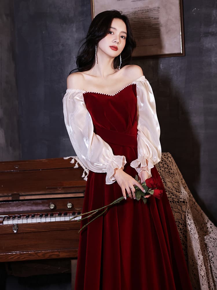 カラードレス 優美な長袖パフスリーブベルベットドレス