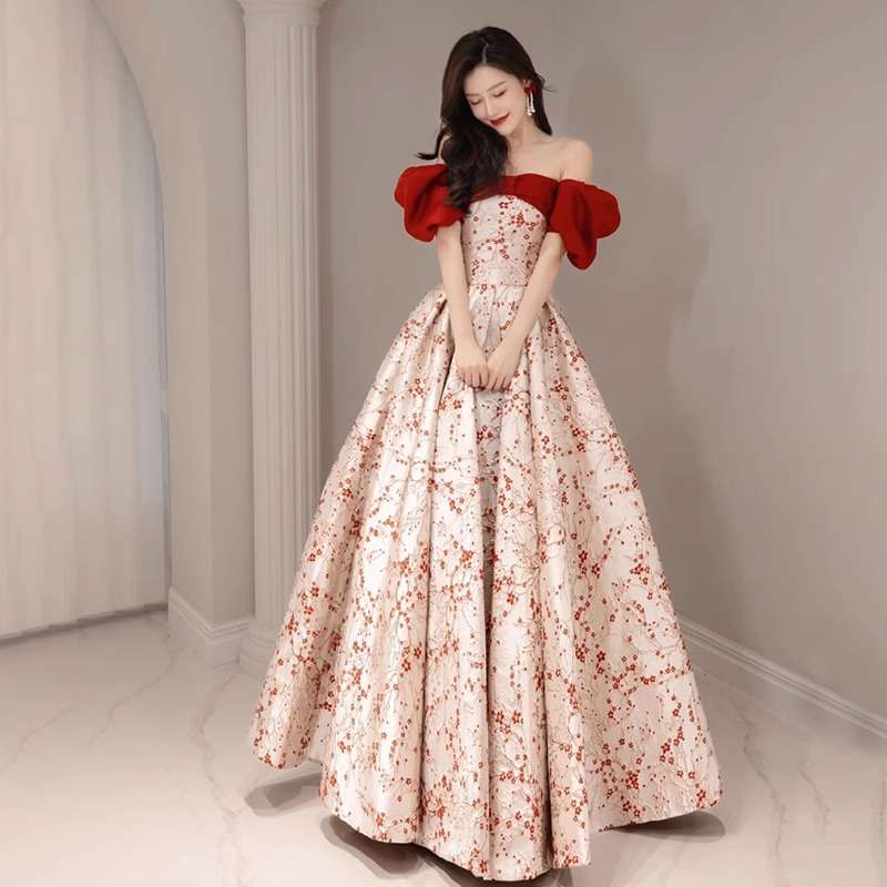 カラードレス 桜舞う オフショルダー パフスリーブ バルーン ドレス
