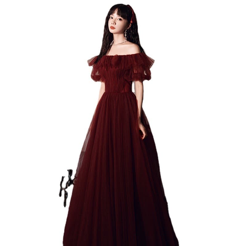 カラードレス 優美な肩魅せオフショルダーチュールドレス