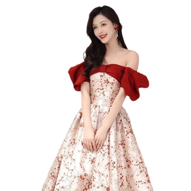 カラードレス 桜舞う オフショルダー パフスリーブ バルーン ドレス